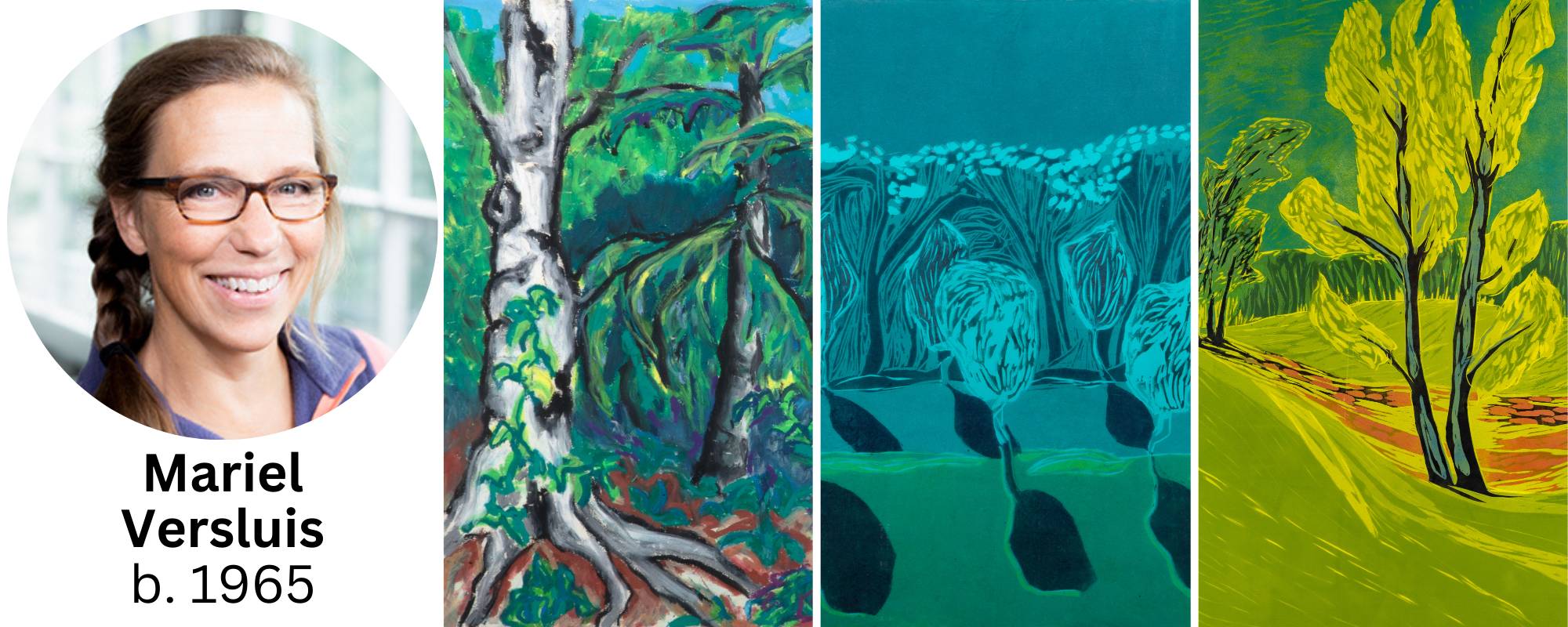 Photograph of artist Mariel Versluis with three examples of her artwork.